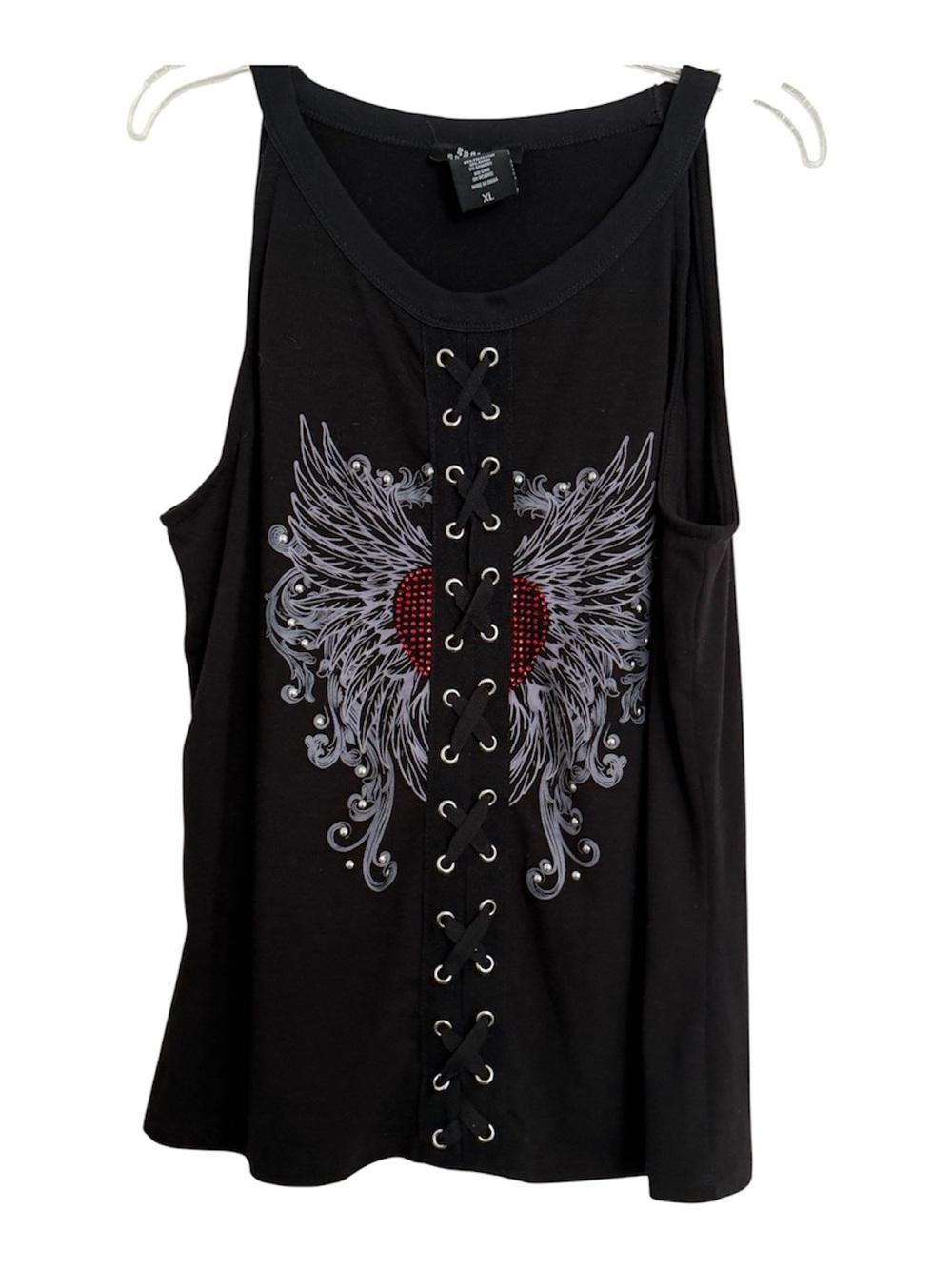 Social Collision Black Lace-Up Look Tank with Wing & Heart Graphic